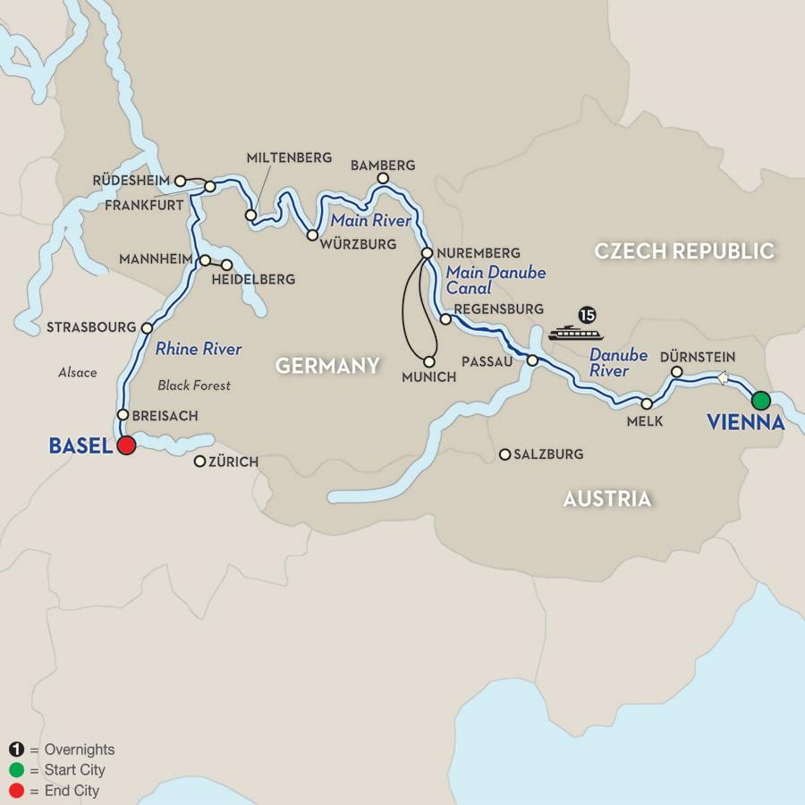 Карта реки Дунай в Вене 